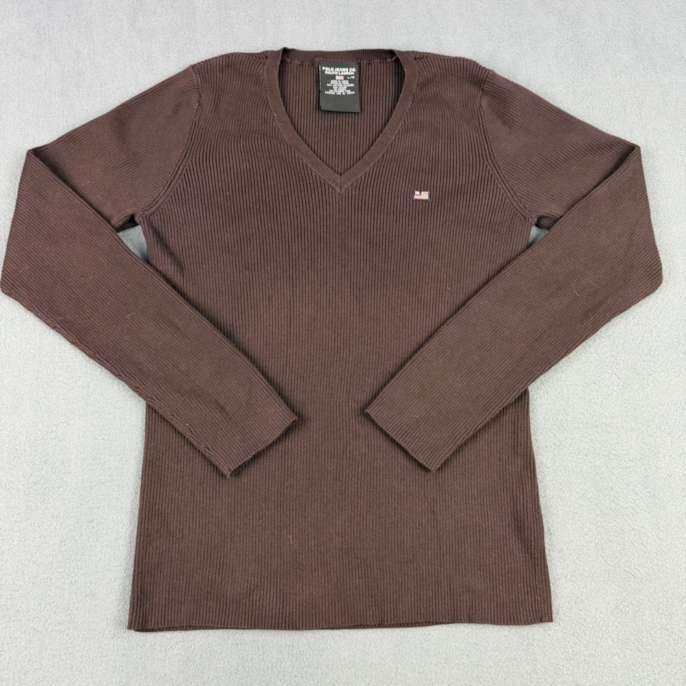 Polo Jeans Co Ralph Lauren Brown Ribbed V-Neck Sweater Flag Logo Large